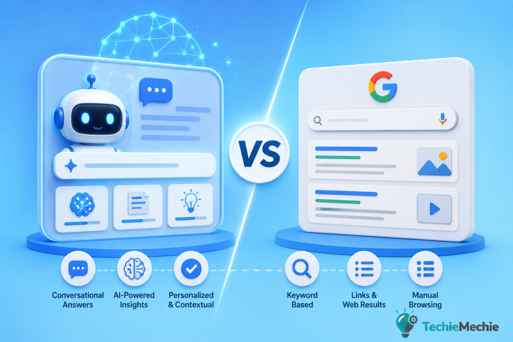 AI Search vs Google Search in 2026 showing the evolution from traditional search results to AI-powered search