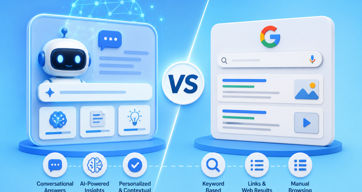 AI Search vs Google Search in 2026 showing the evolution from traditional search results to AI-powered search