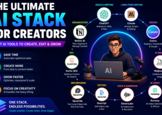 The ultimate AI stack for creators featuring the best AI tools for writing, design, video, voice, editing, SEO, and content creation