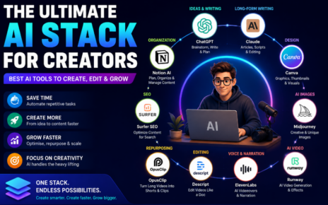 The ultimate AI stack for creators featuring the best AI tools for writing, design, video, voice, editing, SEO, and content creation