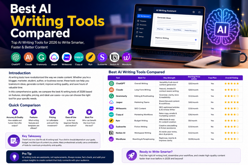 Best AI writing tools compared in 2026 for content creation, SEO, editing, and marketing