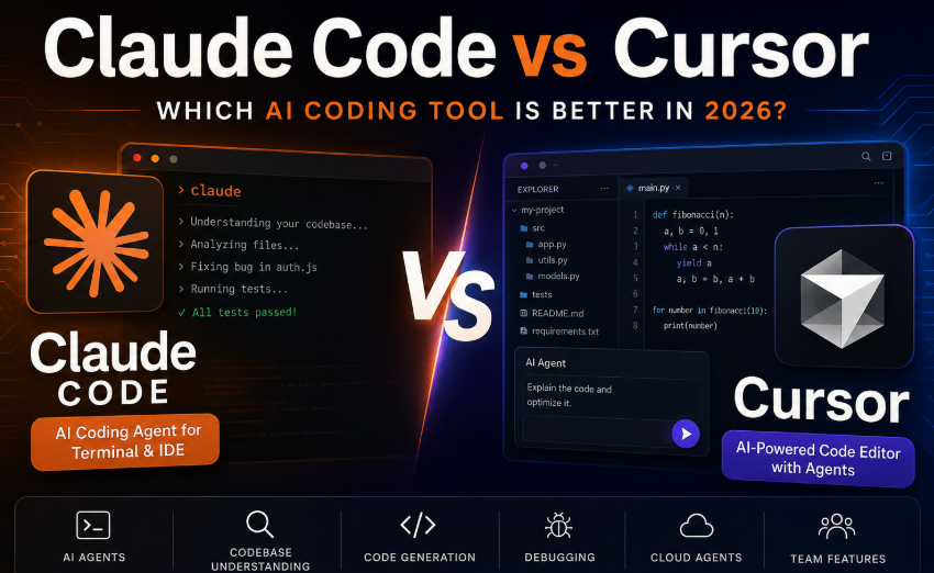 Claude Code vs Cursor comparison showing two AI coding tools for developers