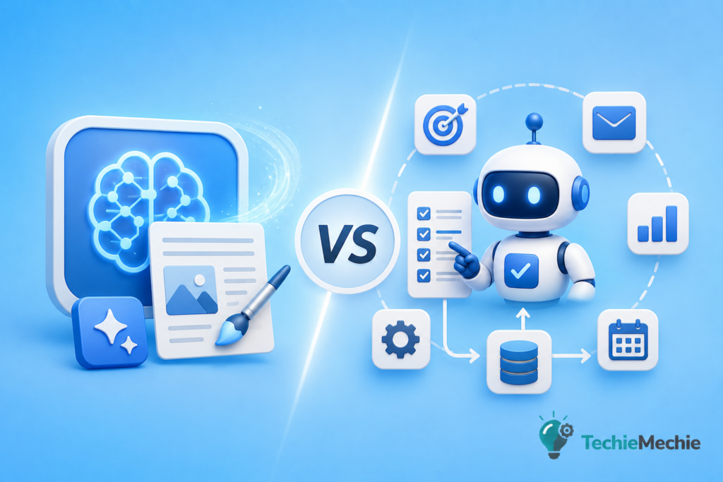Generative AI vs AI Agents comparison showing how generative AI creates content while AI agents take actions and automate tasks in 2026.