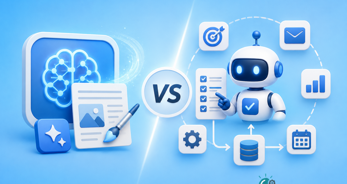 Generative AI vs AI Agents comparison showing how generative AI creates content while AI agents take actions and automate tasks in 2026.