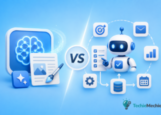 Generative AI vs AI Agents comparison showing how generative AI creates content while AI agents take actions and automate tasks in 2026.