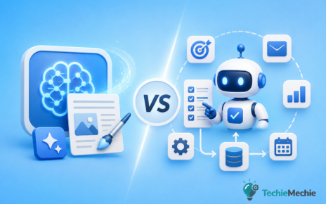 Generative AI vs AI Agents comparison showing how generative AI creates content while AI agents take actions and automate tasks in 2026.
