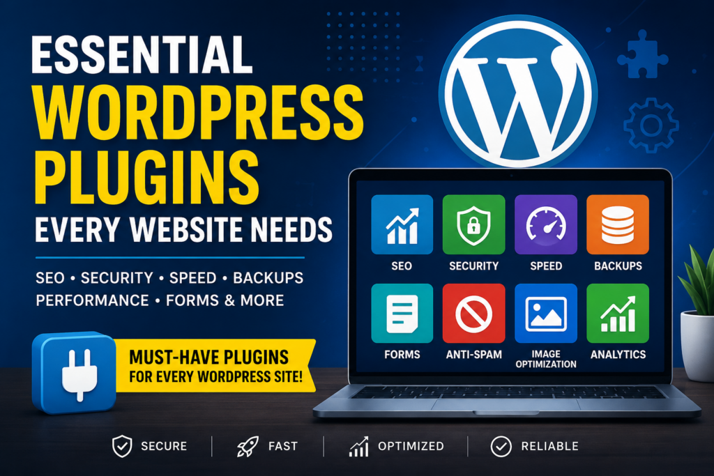 Essential WordPress plugins every website needs for SEO, security, speed, backups, performance, and website optimization.