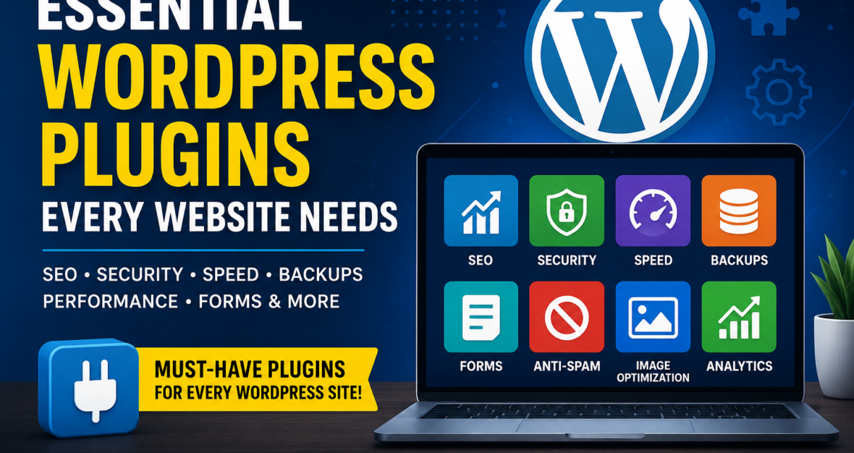 Essential WordPress plugins every website needs for SEO, security, speed, backups, performance, and website optimization.