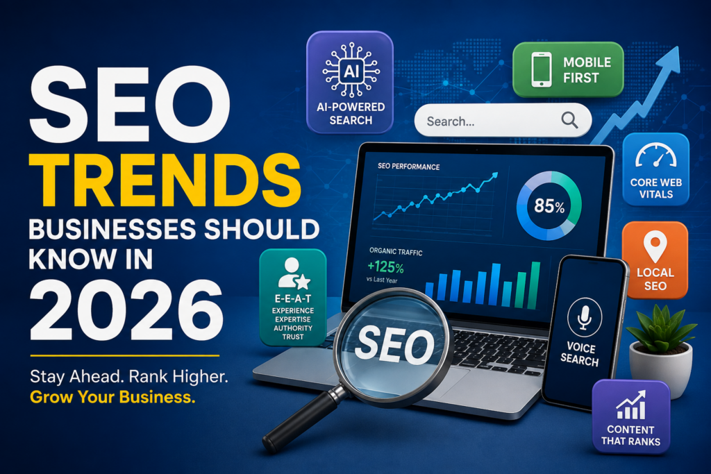 SEO Trends Businesses Should Know in 2026 featuring AI search, analytics dashboard, website optimization, and digital marketing growth.