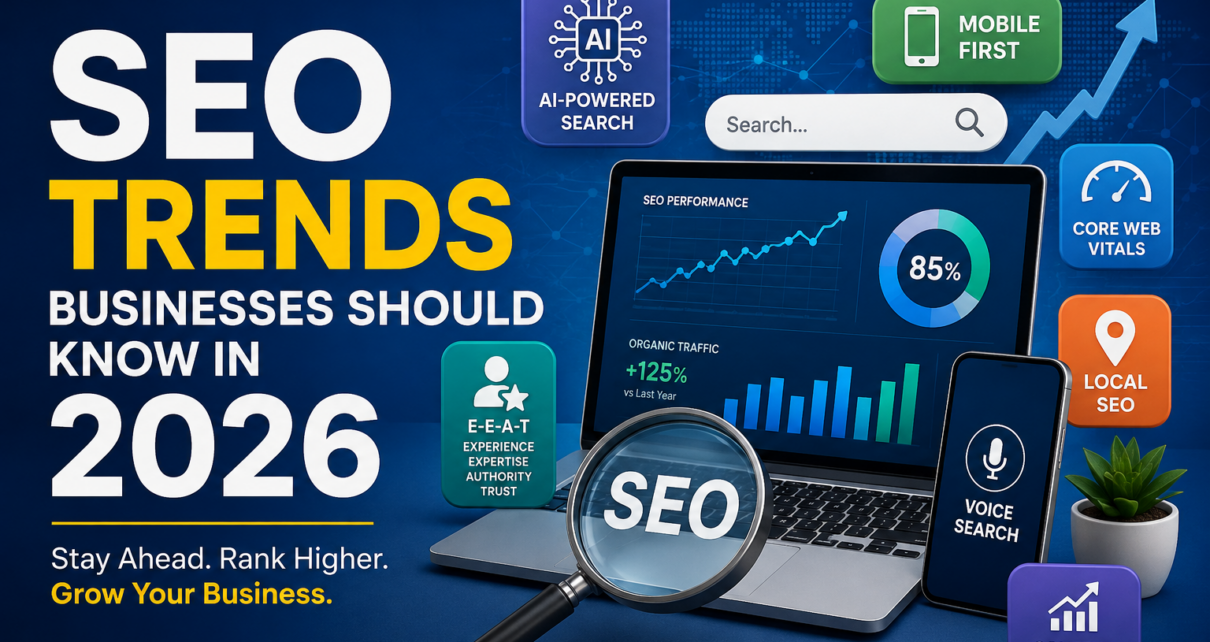 SEO Trends Businesses Should Know in 2026 featuring AI search, analytics dashboard, website optimization, and digital marketing growth.