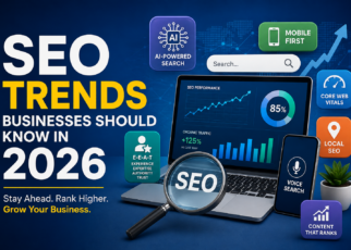 SEO Trends Businesses Should Know in 2026 featuring AI search, analytics dashboard, website optimization, and digital marketing growth.