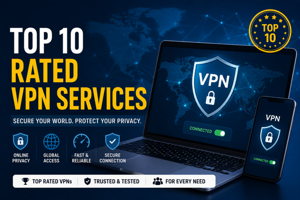Top 10 Rated VPN Services 2026 feature image showing a laptop and smartphone with VPN protection, secure connection, online privacy, and cybersecurity icons.