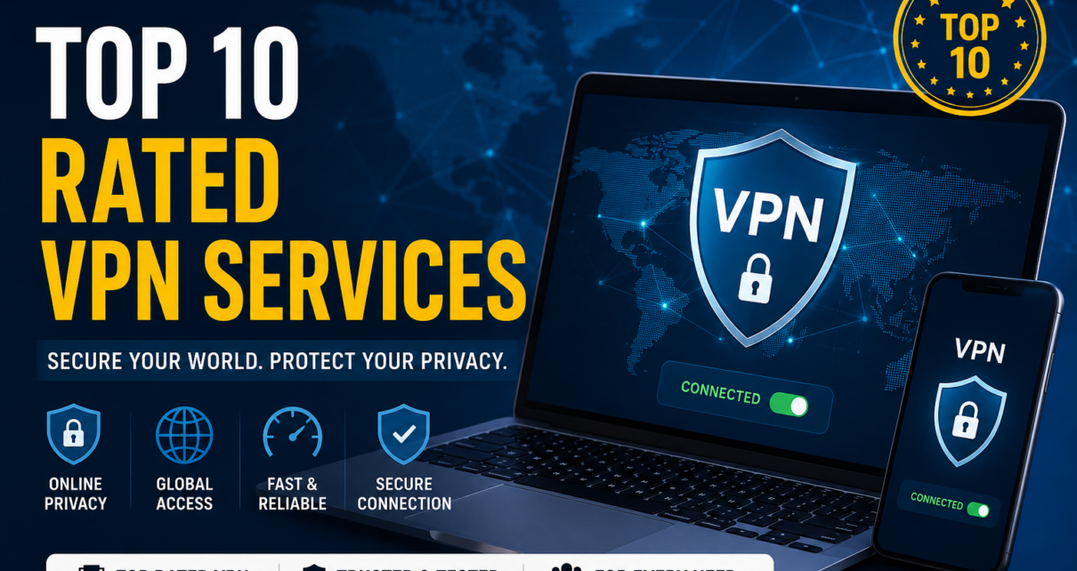Top 10 Rated VPN Services 2026 feature image showing a laptop and smartphone with VPN protection, secure connection, online privacy, and cybersecurity icons.