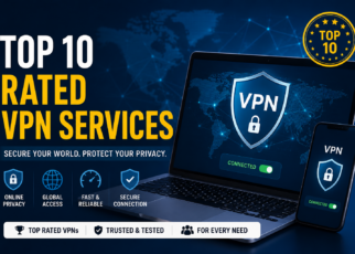 Top 10 Rated VPN Services 2026 feature image showing a laptop and smartphone with VPN protection, secure connection, online privacy, and cybersecurity icons.