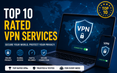 Top 10 Rated VPN Services 2026 feature image showing a laptop and smartphone with VPN protection, secure connection, online privacy, and cybersecurity icons.
