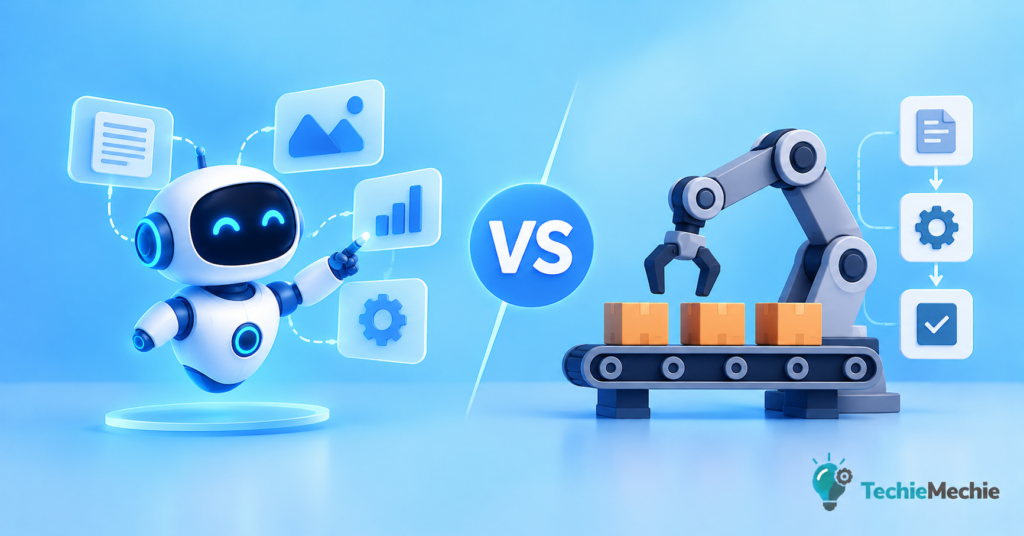 AI agents vs traditional automation showing humans and intelligent AI systems working together in the future workplace
