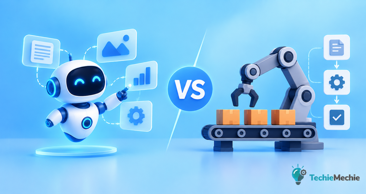 AI agents vs traditional automation showing humans and intelligent AI systems working together in the future workplace