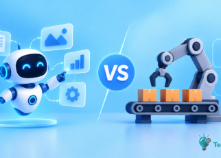 AI agents vs traditional automation showing humans and intelligent AI systems working together in the future workplace
