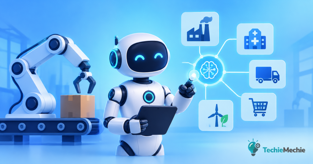 AI-powered robot working alongside humans in a modern industrial environment