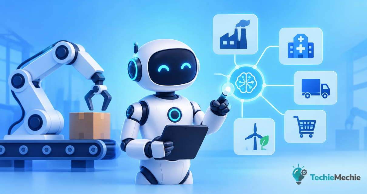 AI-powered robot working alongside humans in a modern industrial environment