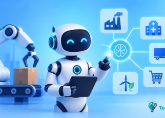 AI-powered robot working alongside humans in a modern industrial environment
