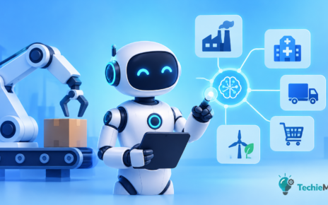 AI-powered robot working alongside humans in a modern industrial environment