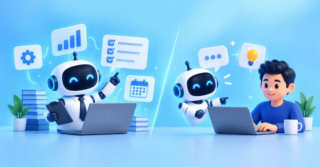 AI employees vs AI assistants working alongside human professionals in a modern digital workplace.