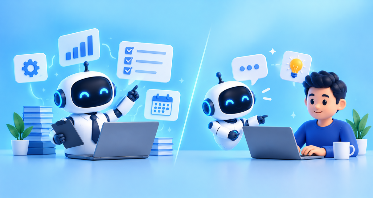 AI employees vs AI assistants working alongside human professionals in a modern digital workplace.